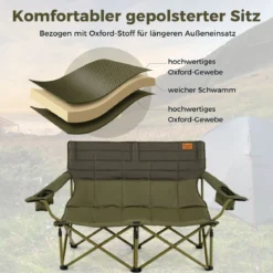 Übergroßer Campingstuhl für 2 Personen zusammenklappbarer Doppelsitz mit verstellbaren Armlehnen Grün/Marineblau