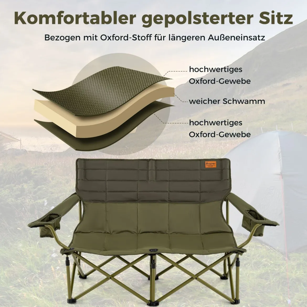 Übergroßer Campingstuhl für 2 Personen zusammenklappbarer Doppelsitz mit verstellbaren Armlehnen Grün/Marineblau