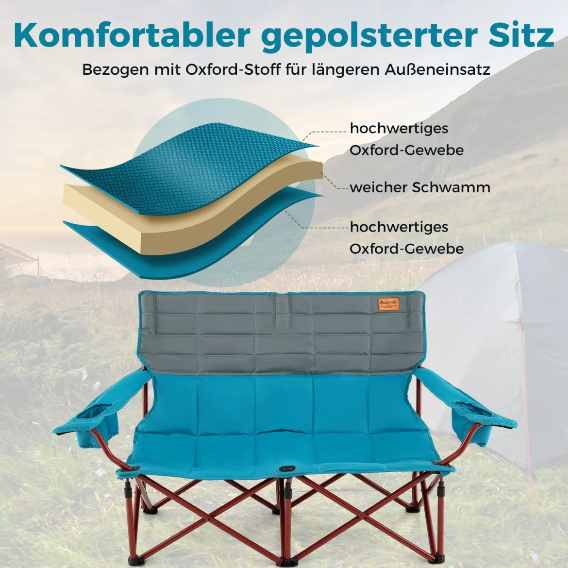 Übergroßer Campingstuhl für 2 Personen zusammenklappbarer Doppelsitz mit verstellbaren Armlehnen Grün/Marineblau