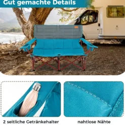 Übergroßer Campingstuhl für 2 Personen zusammenklappbarer Doppelsitz mit verstellbaren Armlehnen Grün/Marineblau