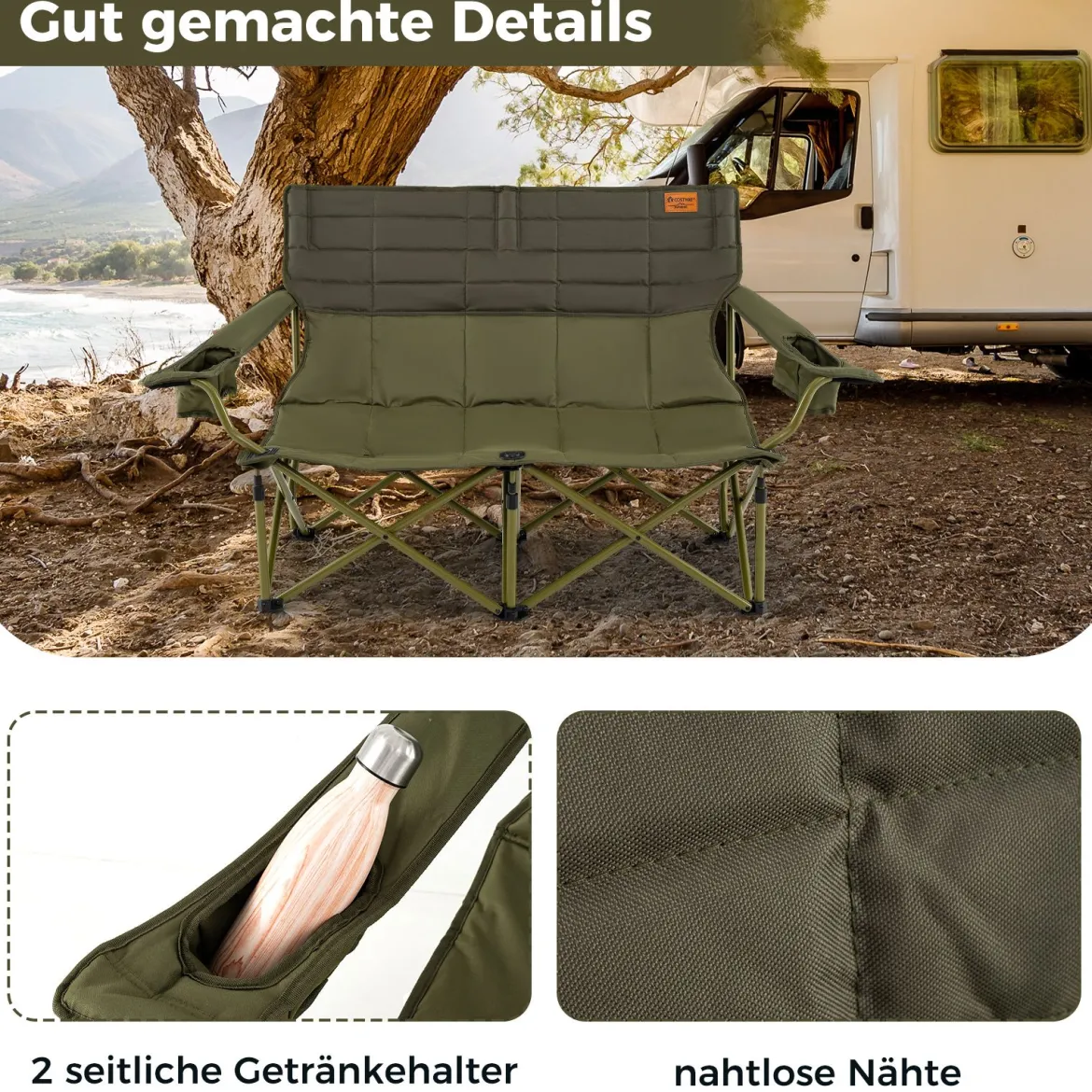 Übergroßer Campingstuhl für 2 Personen zusammenklappbarer Doppelsitz mit verstellbaren Armlehnen Grün/Marineblau