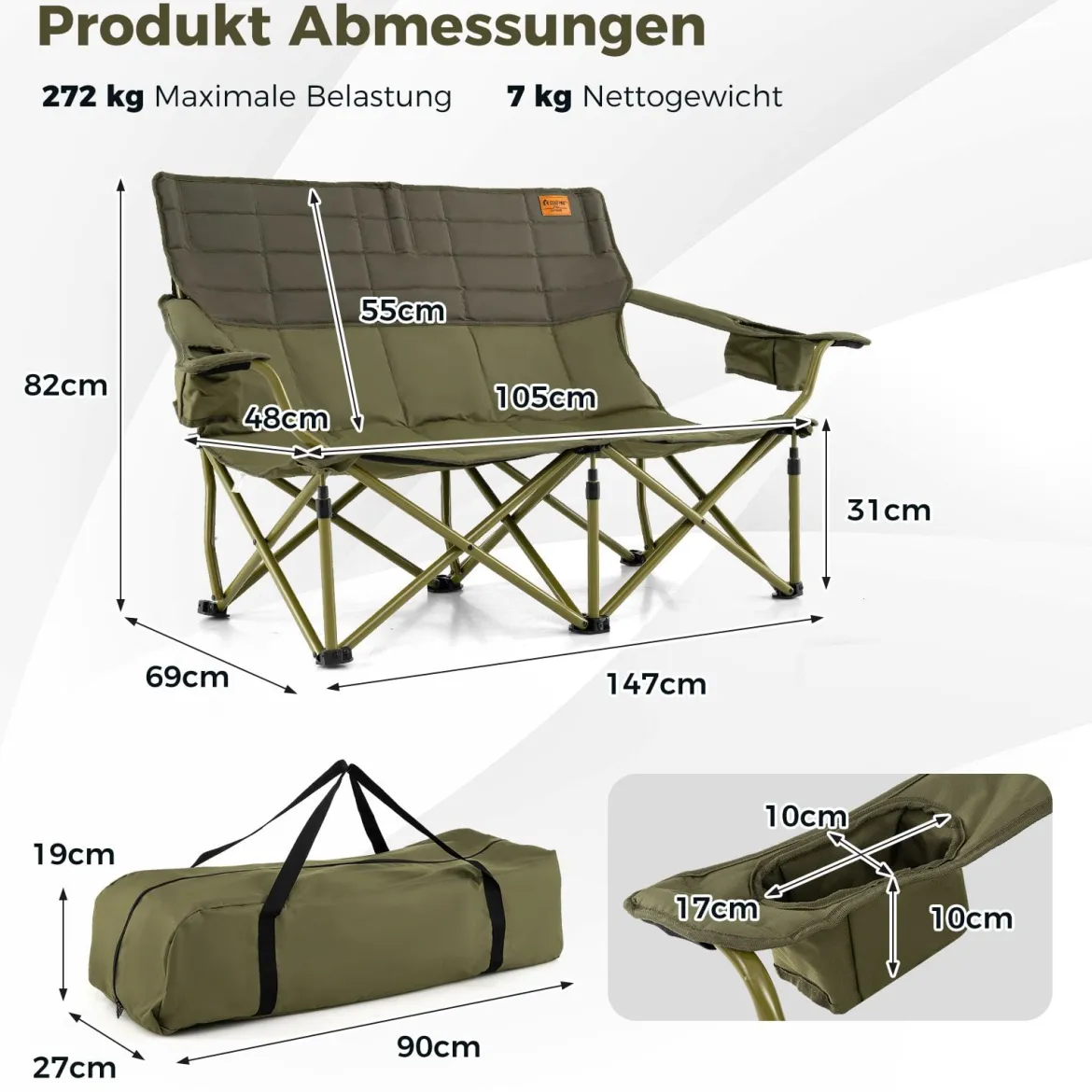 Übergroßer Campingstuhl für 2 Personen zusammenklappbarer Doppelsitz mit verstellbaren Armlehnen Grün/Marineblau