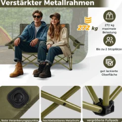 Übergroßer Campingstuhl für 2 Personen zusammenklappbarer Doppelsitz mit verstellbaren Armlehnen Grün/Marineblau