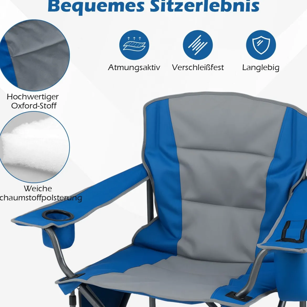 Übergroßer Campingstuhl Tragbarer Klappstuhl mit Reißverschluss-Kühltasche & Getränkehalter