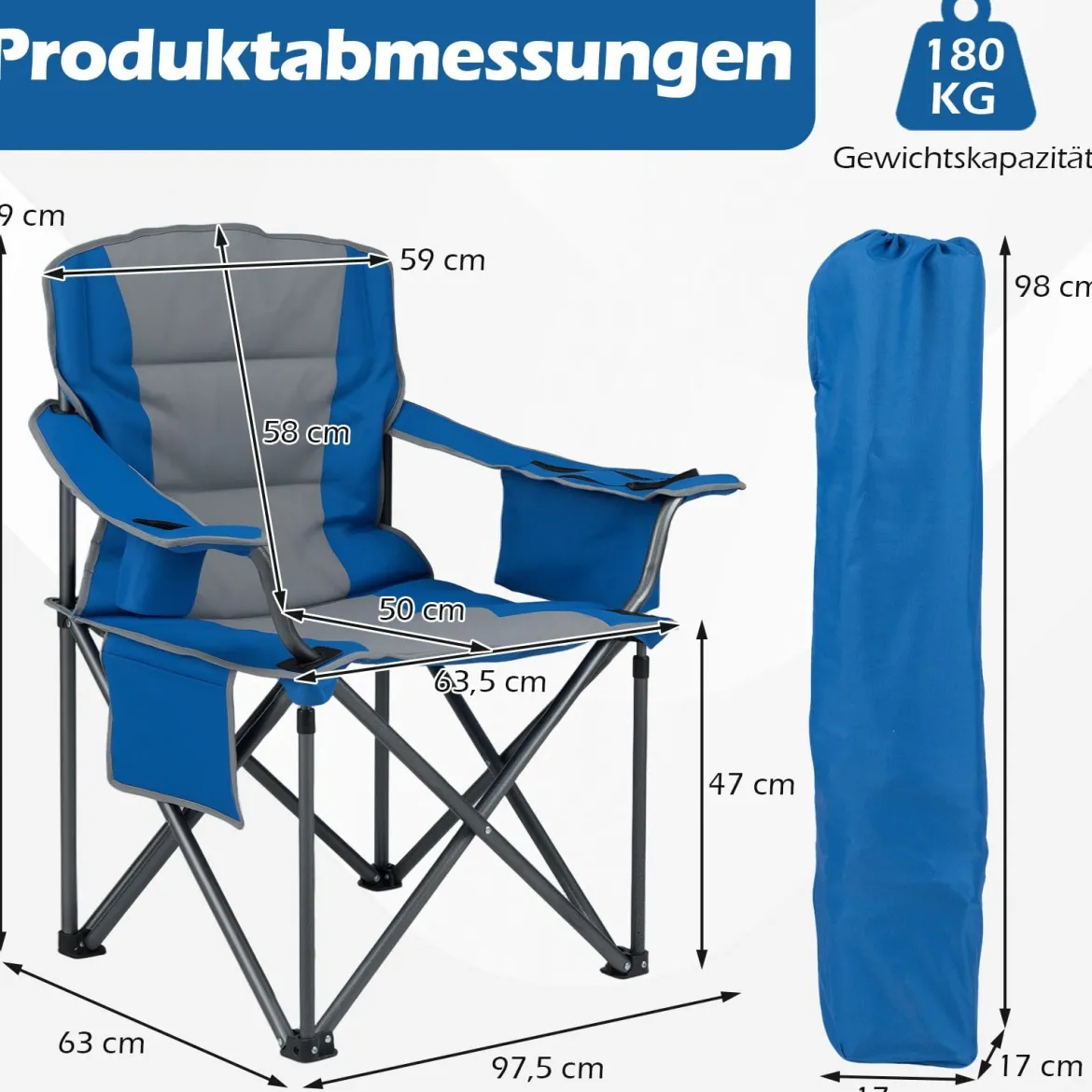 Übergroßer Campingstuhl Tragbarer Klappstuhl mit Reißverschluss-Kühltasche & Getränkehalter