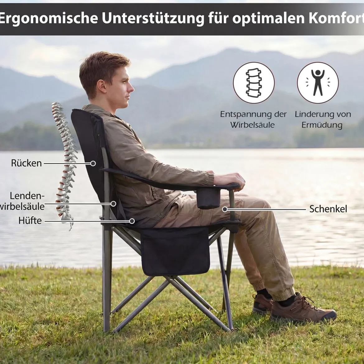 Übergroßer Campingstuhl Tragbarer Klappstuhl mit Reißverschluss-Kühltasche & Getränkehalter