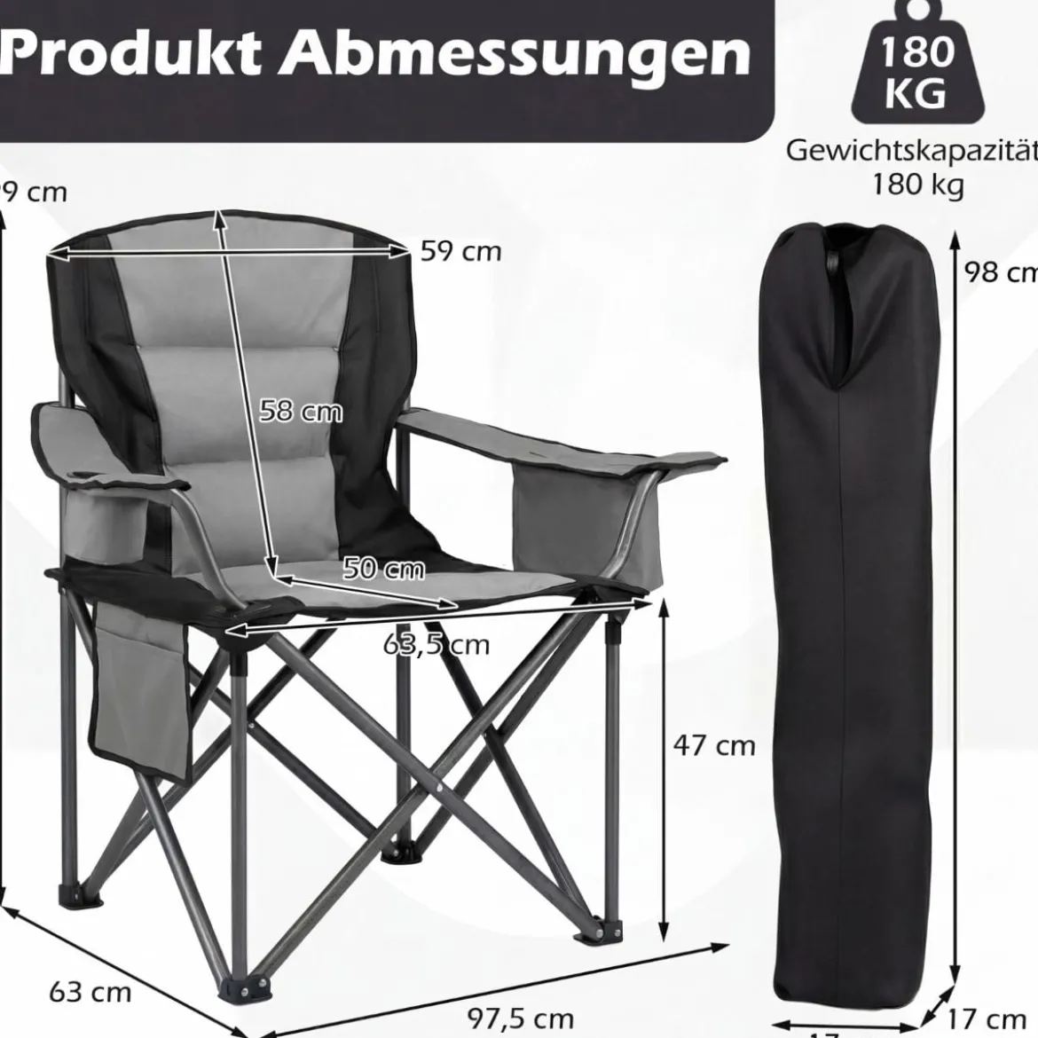 Übergroßer Campingstuhl Tragbarer Klappstuhl mit Reißverschluss-Kühltasche & Getränkehalter