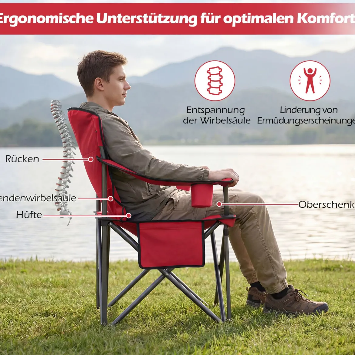 Übergroßer Campingstuhl Tragbarer Klappstuhl mit Reißverschluss-Kühltasche & Getränkehalter
