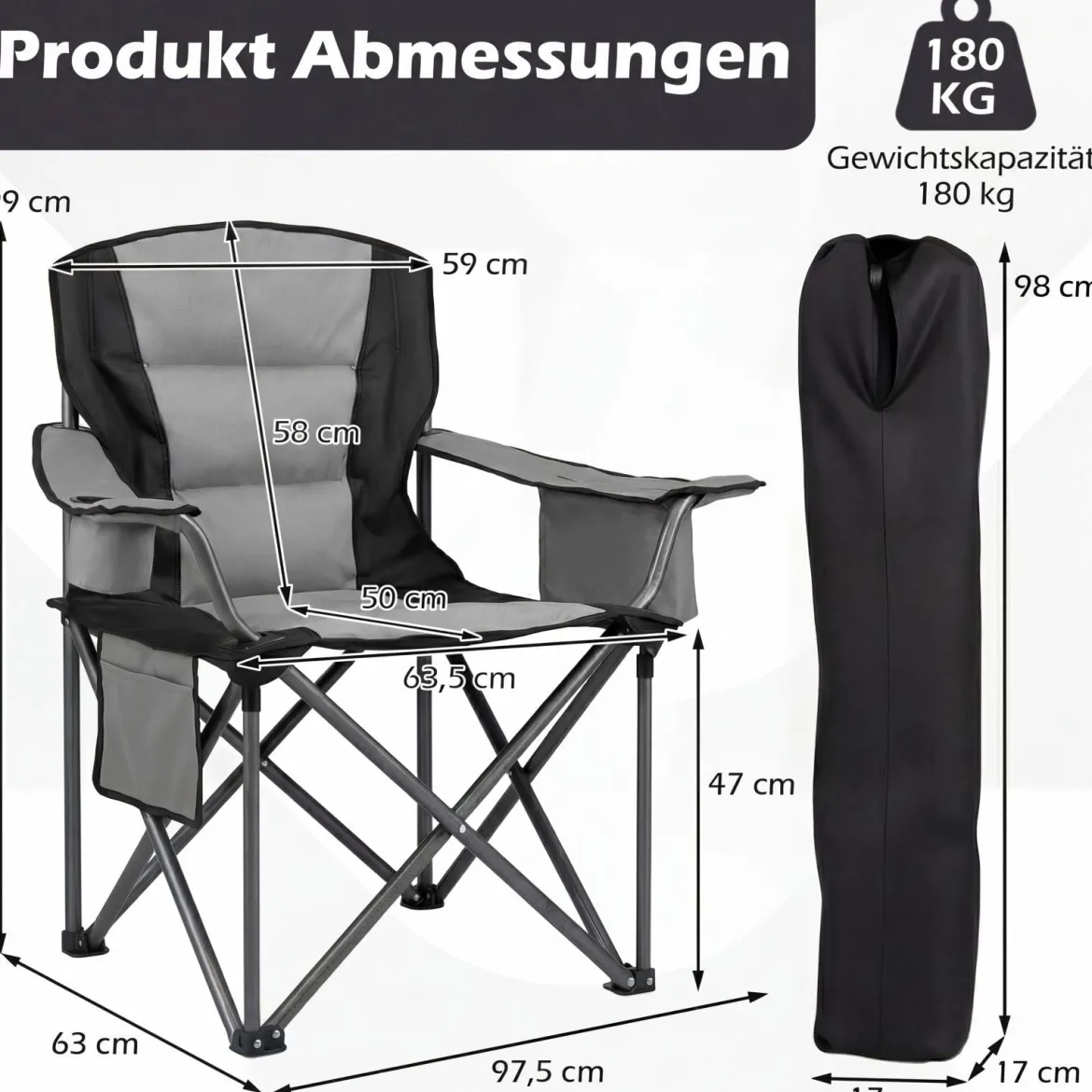Übergroßer Campingstuhl Tragbarer Klappstuhl mit Reißverschluss-Kühltasche & Getränkehalter