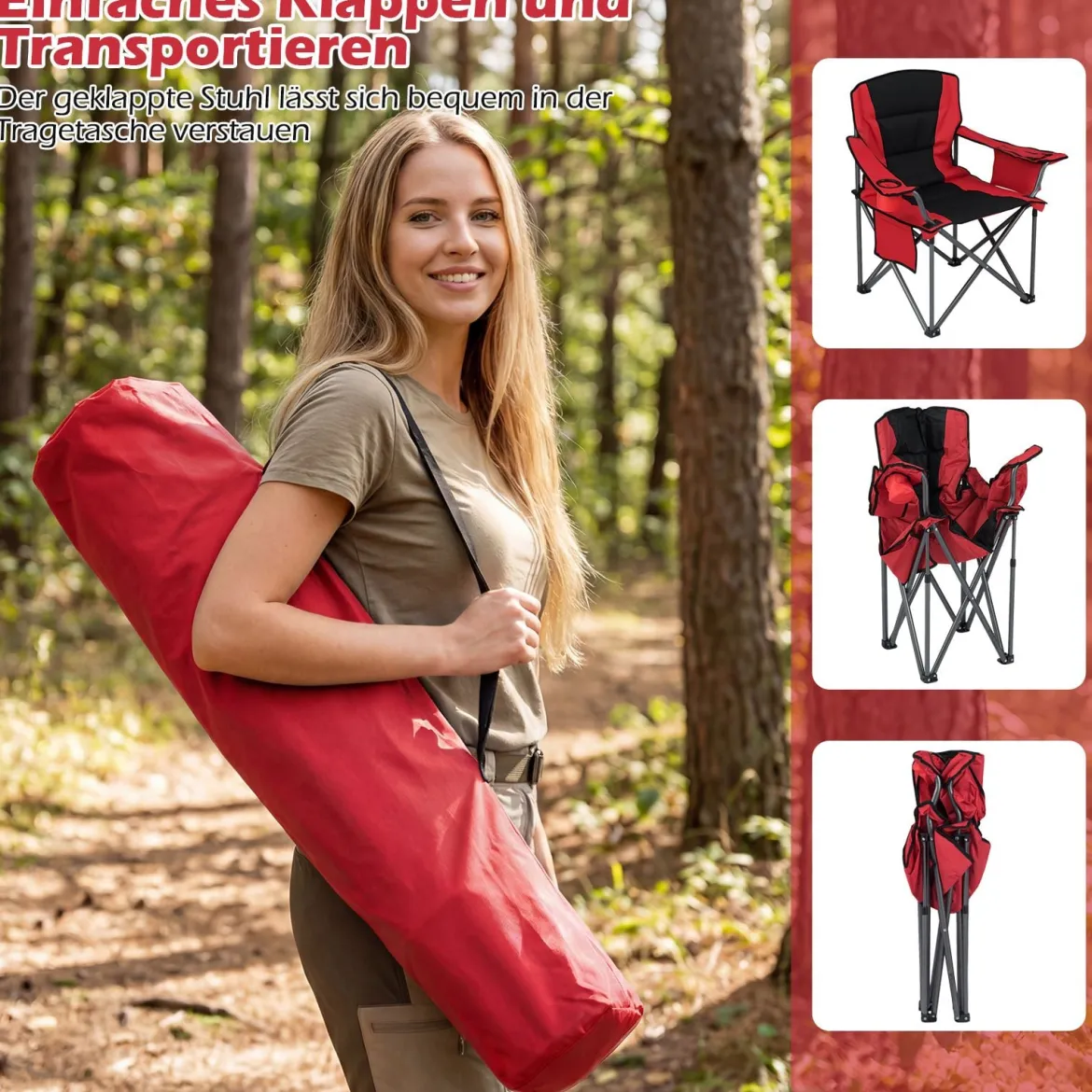 Übergroßer Campingstuhl Tragbarer Klappstuhl mit Reißverschluss-Kühltasche & Getränkehalter
