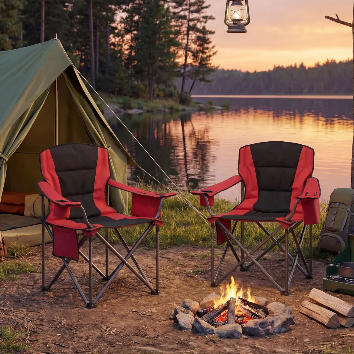 Übergroßer Campingstuhl Tragbarer Klappstuhl mit Reißverschluss-Kühltasche & Getränkehalter
