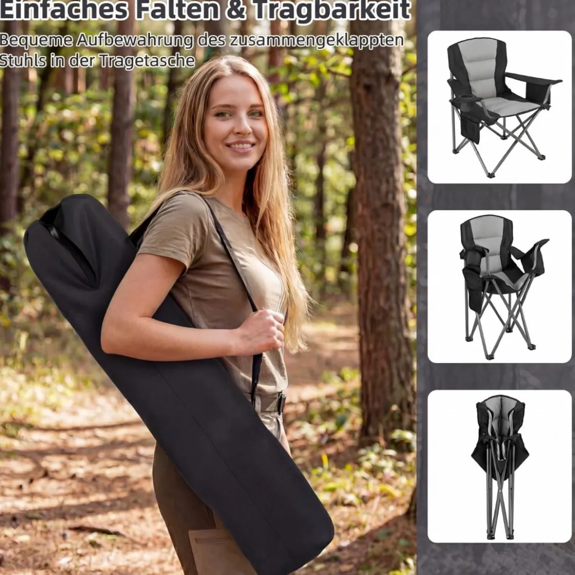 Übergroßer Campingstuhl Tragbarer Klappstuhl mit Reißverschluss-Kühltasche & Getränkehalter
