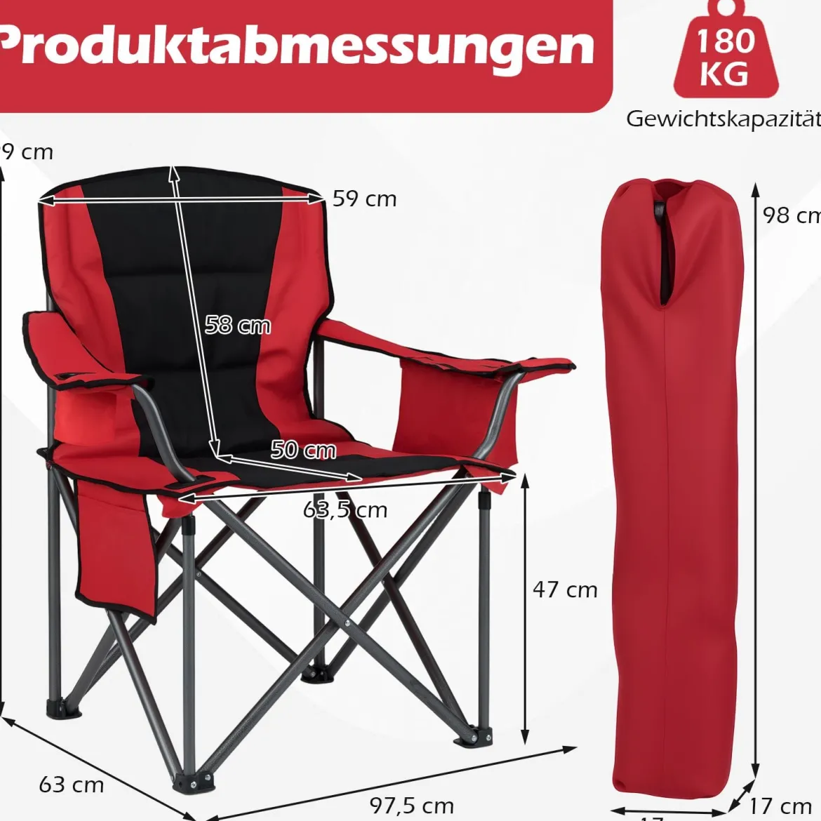 Übergroßer Campingstuhl Tragbarer Klappstuhl mit Reißverschluss-Kühltasche & Getränkehalter