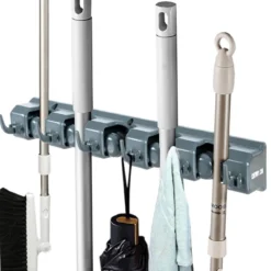 Besenhalterung mit 6 faltbaren Haken und 5 Schnellspannern Mop Ordnungsleiste Geräteleiste Dunkelgrau