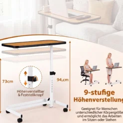 Betttisch auf Rollen mit in Mehreren Winkeln Neigbarer Platte Pflegetisch 80,5 x 40,5 x 73-94 cm Natur