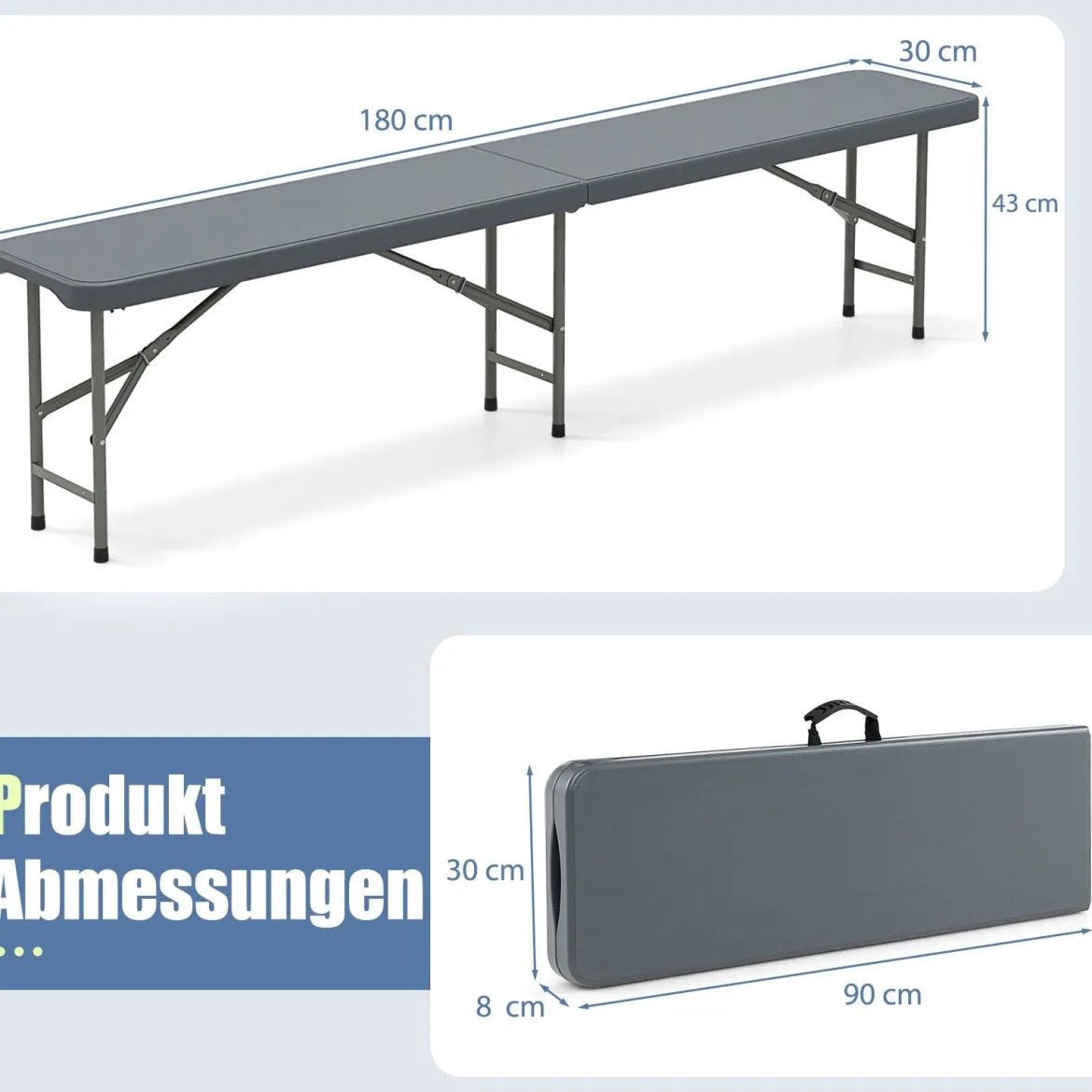 Bierbank klappbar 180 x 30 x 43 cm Klappbank aus Kunststoff Bierzeltbank mit Tragegriff Faltbank Sitzbank bis 600 kg belastbar Grau