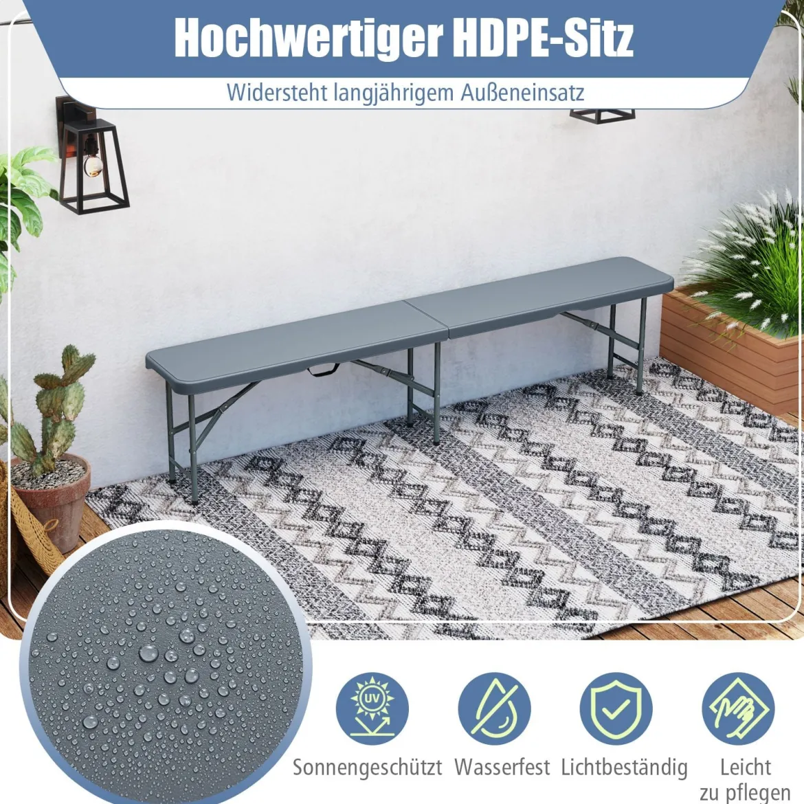Bierbank klappbar 180 x 30 x 43 cm Klappbank aus Kunststoff Bierzeltbank mit Tragegriff Faltbank Sitzbank bis 600 kg belastbar Grau