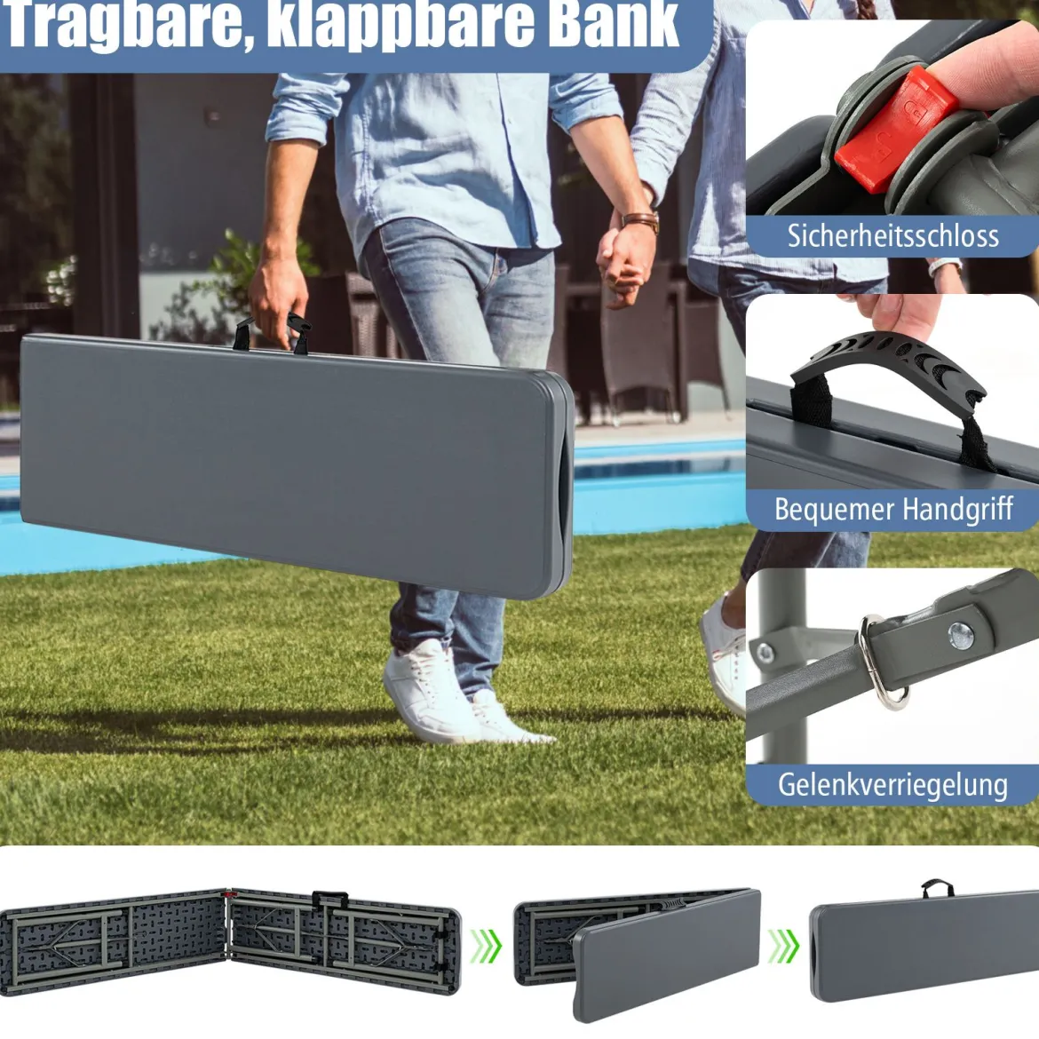 Bierbank klappbar 180 x 30 x 43 cm Klappbank aus Kunststoff Bierzeltbank mit Tragegriff Faltbank Sitzbank bis 600 kg belastbar Grau