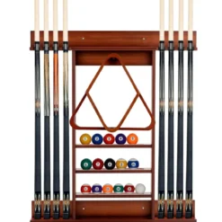 Billard-Pool-Queue-Rack Wandbefestigter Billardstockhalter für 8 Queues 15 Billardkugeln Braun