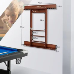Billard-Pool-Queue-Rack Wandbefestigter Billardstockhalter für 8 Queues 15 Billardkugeln Braun
