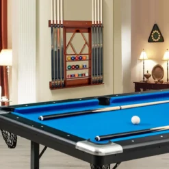 Billard-Pool-Queue-Rack Wandbefestigter Billardstockhalter für 8 Queues 15 Billardkugeln Braun