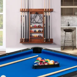 Billard-Pool-Queue-Rack Wandbefestigter Billardstockhalter für 8 Queues 15 Billardkugeln Braun