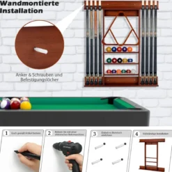 Billard-Pool-Queue-Rack Wandbefestigter Billardstockhalter für 8 Queues 15 Billardkugeln Braun