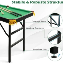 Billardtisch klappbar Billiard Tisch mit Zubehörset Pooltisch mit 2 Queues 2 Kreiden Dreieck & Bürste 122 x 64 x 78 cm Grün