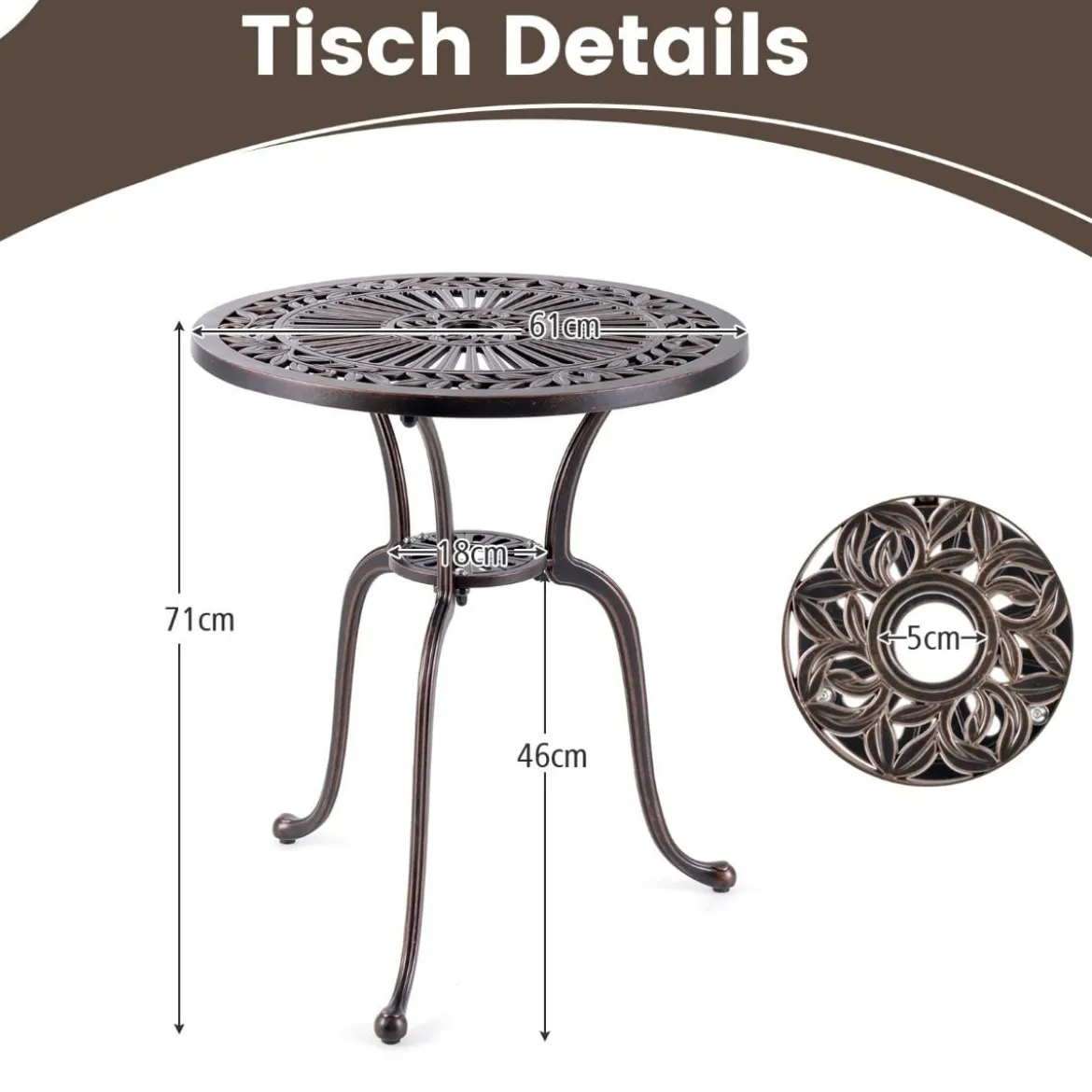 Bistrotisch aus Aluminiumguss wetterfester Balkontisch mit Schirmloch 61 x 61 x 71 cm Kupferrot