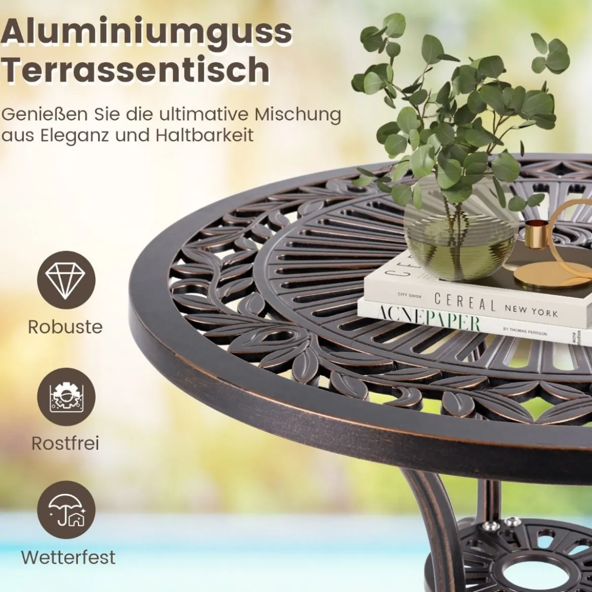 Bistrotisch aus Aluminiumguss wetterfester Balkontisch mit Schirmloch 61 x 61 x 71 cm Kupferrot