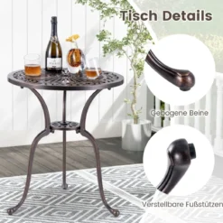 Bistrotisch aus Aluminiumguss wetterfester Balkontisch mit Schirmloch 61 x 61 x 71 cm Kupferrot