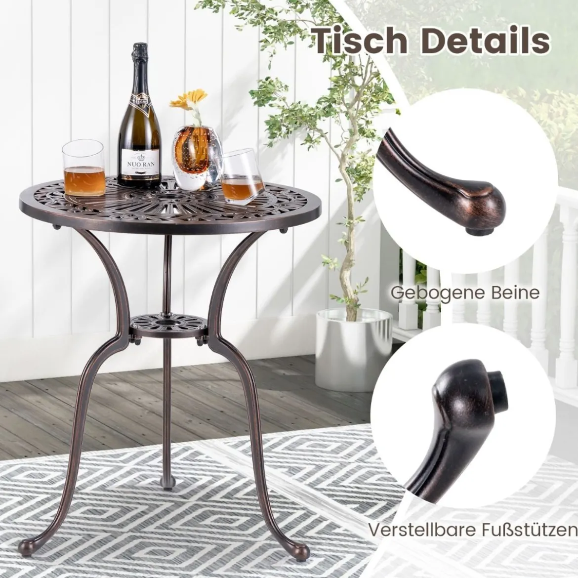 Bistrotisch aus Aluminiumguss wetterfester Balkontisch mit Schirmloch 61 x 61 x 71 cm Kupferrot