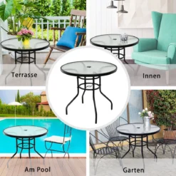 Bistrotisch aus Metall mit Schirmloch & Verdickter Glasplatte Gartentisch Glastisch Schwarz
