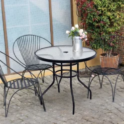 Bistrotisch aus Metall mit Schirmloch & Verdickter Glasplatte Gartentisch Glastisch Schwarz