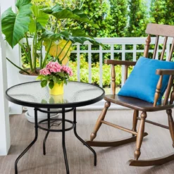 Bistrotisch aus Metall mit Schirmloch & Verdickter Glasplatte Gartentisch Glastisch Schwarz