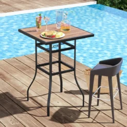 Bistrotisch mit Schirmloch & Tischplatte in Holzoptik Gartentisch Quadratischer Balkontisch