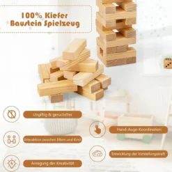 54 Blöcke aus Kiefernholz Verflixter Turm-Spiel Bauklötze Spiel 5 x 3,3 x 15,2 cm Natur