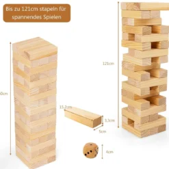 54 Blöcke aus Kiefernholz Verflixter Turm-Spiel Bauklötze Spiel 5 x 3,3 x 15,2 cm Natur
