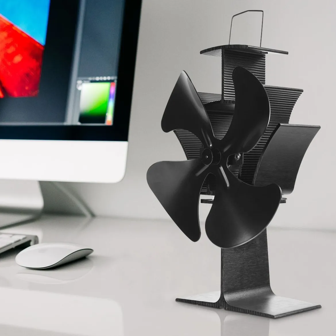 4 Blätter Schwarz Ofenventilator Kaminlüfter Ventilator mit USB