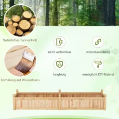 Blumenkasten Hochbeet Holz Pflanzkasten mit Trennwand Entwässerungslöchern & Vliesstofffolie Gartenbeet Pflanzbeet 227 x 59,5 x 40 cm Natur