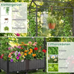 Blumenkasten mit Rankgitter & hängendem Dach Hochbeet auf abschließbaren Rollen Grau 154 x 40 x 162 cm