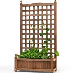 Blumenkasten mit Rankgitter Pflanzkasten Holz für Kletterpflanzen Hochbeet mit Spalier 64,5 x 28 x 120 cm Braun