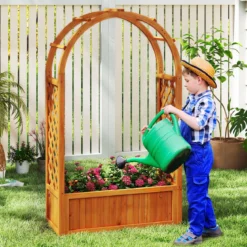 Blumenkasten mit Rankgitter Hochbeet mit Spalier & Gebogendach Rosenbogen mit Pflanzkasten Holz 83 x 36 x 146 cm Braun