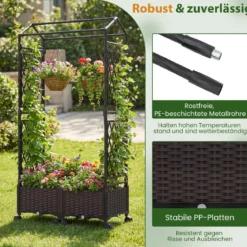 Blumenkasten mit Rankgitter & hängendem Dach Hochbeet auf abschließbaren Rollen Braun 154 x 40 x 162 cm