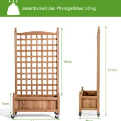 Blumenkasten mit Rankgitter Pflanzkasten Holz auf Rollen für Kletterpflanzen 64 x 28x 127 cm Braun