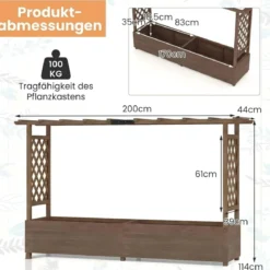 Blumenkasten mit Rankgitter & Hängendem Dach Pflanzkasten mit Rankhilfe 200x44x114cm Braun