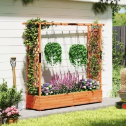Blumenkasten mit Rankgitter & Hängendem Dach Pflanzkasten Hochbeet Pflanzkübel Orange