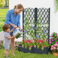 Blumenkasten mit Rankgitter Pflanzkasten für Kletterpflanzen Hochbeet mit Spalier 80 x 40 x 122 cm Grau