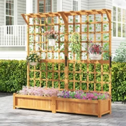 Blumenkasten mit Spalier & Dach Tannenholz Pflanzkasten mit Rankgitter Gartenspalier Orange