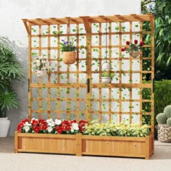 Blumenkasten mit Spalier & Dach Tannenholz Pflanzkasten mit Rankgitter Gartenspalier Orange